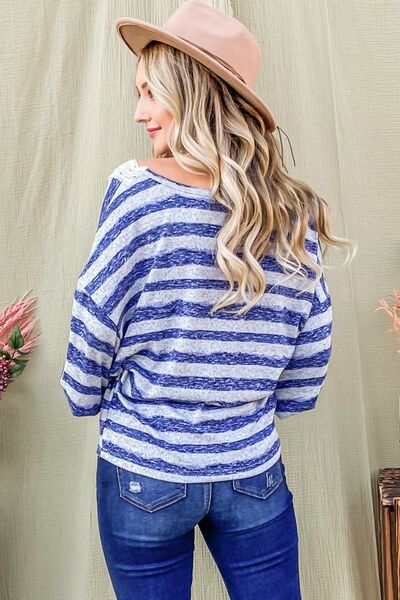 And The Why Striped Lace Detail V Neck Top - Charming Charlie