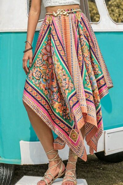 Printed High Waist Handkerchief Hem Skirt - Charming Charlie