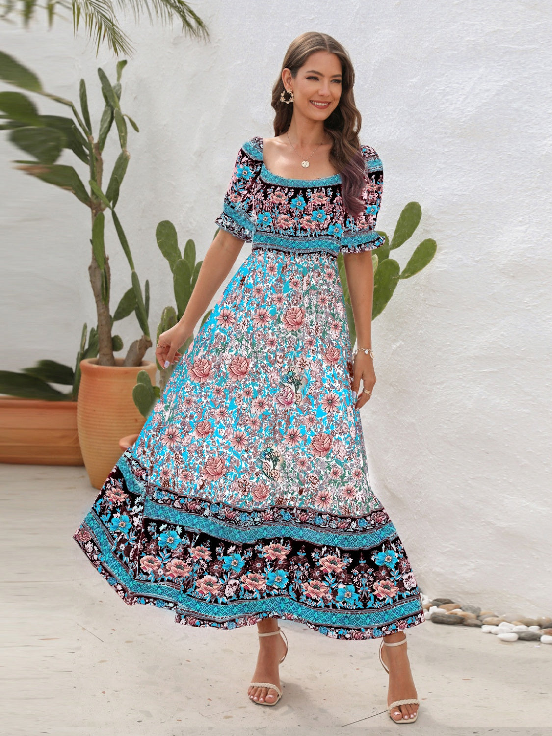 Watercolor Floral Flounce-Sleeve Spa Coverup Dress