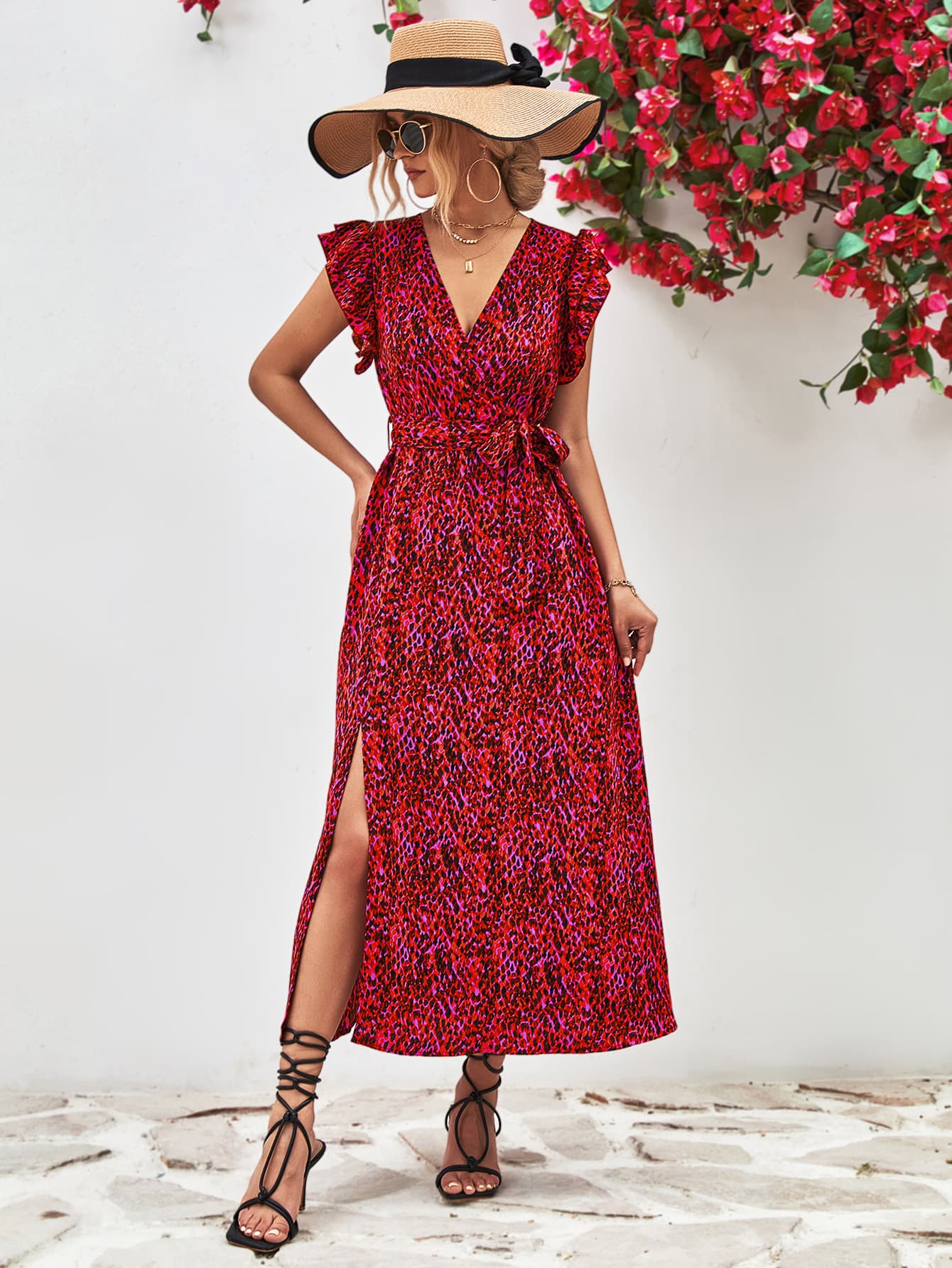 Printed Surplice Neck Flutter Sleeve Slit Dress - Charming Charlie