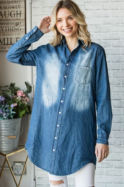 Veveret Pocketed Button Up Washed Denim Shirt - Charming Charlie