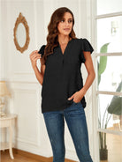 Swiss Dot Notched Cap Sleeve Blouse - Charming Charlie