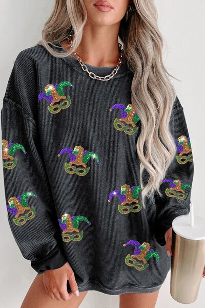 Printed Sequin Round Neck Dropped Shoulder Sweatshirt - Charming Charlie