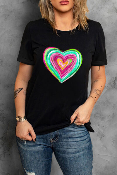 Heart Round Neck Short Sleeve T-Shirt - Charming Charlie