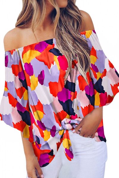 Tied Printed Off-Shoulder Half Sleeve Blouse - Charming Charlie
