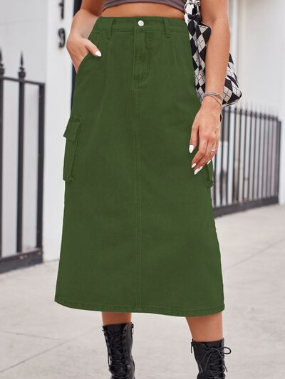 Slit Buttoned Denim Skirt with Pockets - Charming Charlie