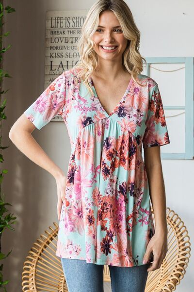 Heimish Full Size Floral V-Neck Short Sleeve Babydoll Blouse - Charming Charlie