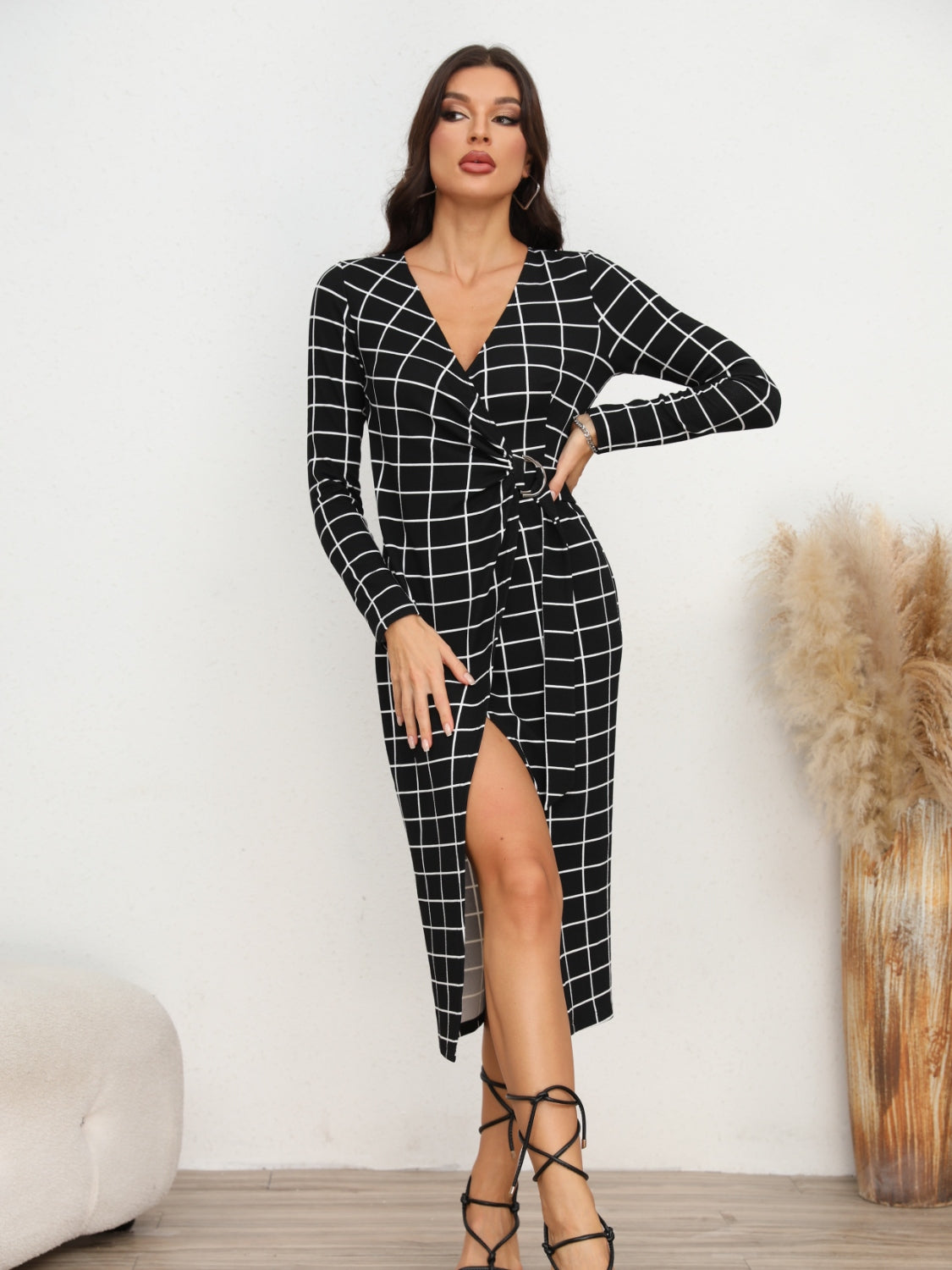 Plaid Long Sleeve Slit Dress Black / S