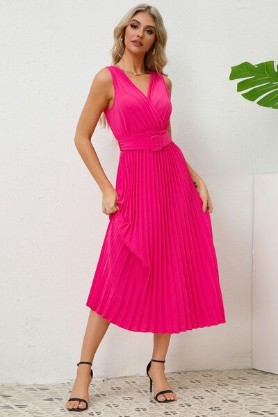 Surplice Sleeveless Midi Pleated Dress - Charming Charlie
