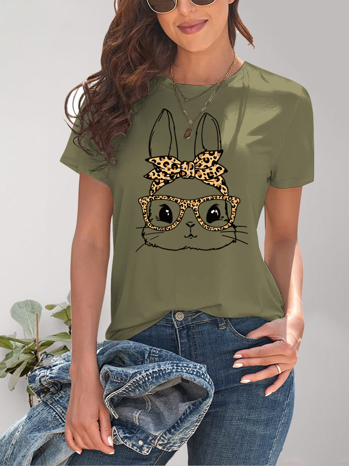 Rabbit Graphic Round Neck Short Sleeve T-Shirt - Charming Charlie