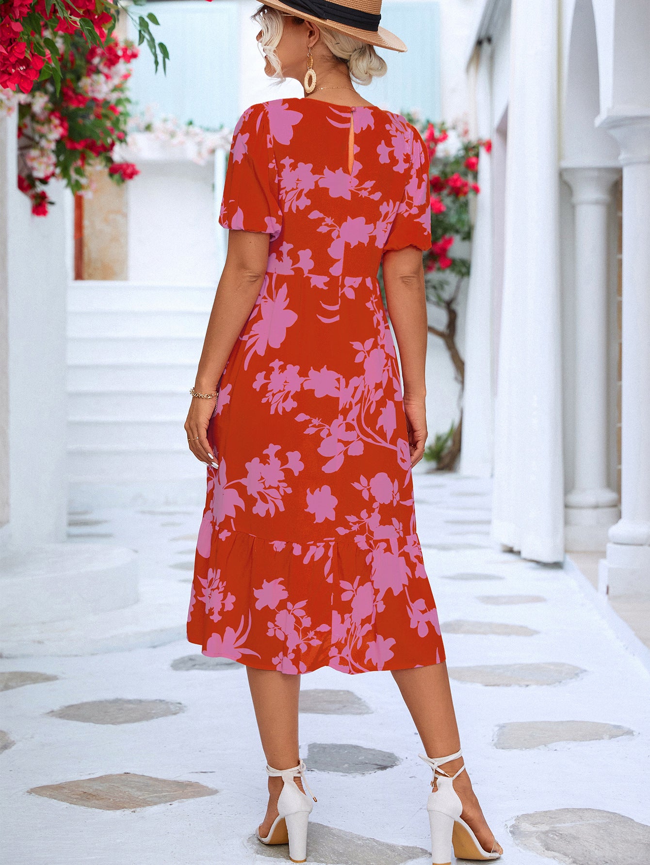Wholesale MOQ6 Floral Puff Sleeve Ruffle Hem Midi Dress Wholesale MOQ6 Floral Puff Sleeve Ruffle Hem Midi Dress