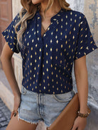 Printed Notched Short Sleeve Blouse - Charming Charlie