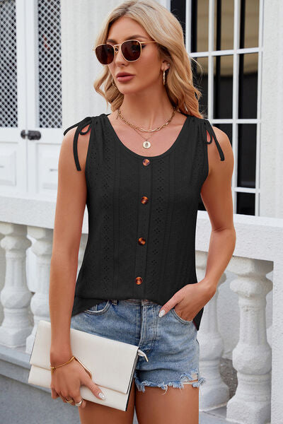 Eyelet Round Neck Wide Strap Tank - Charming Charlie