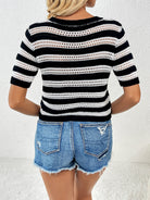 Openwork Striped Round Neck Short Sleeve Knit Top - Charming Charlie
