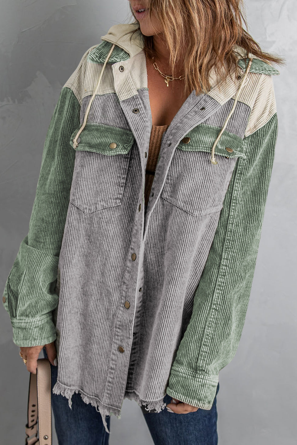 Snap Front Hooded Corduroy Shacket main image 0