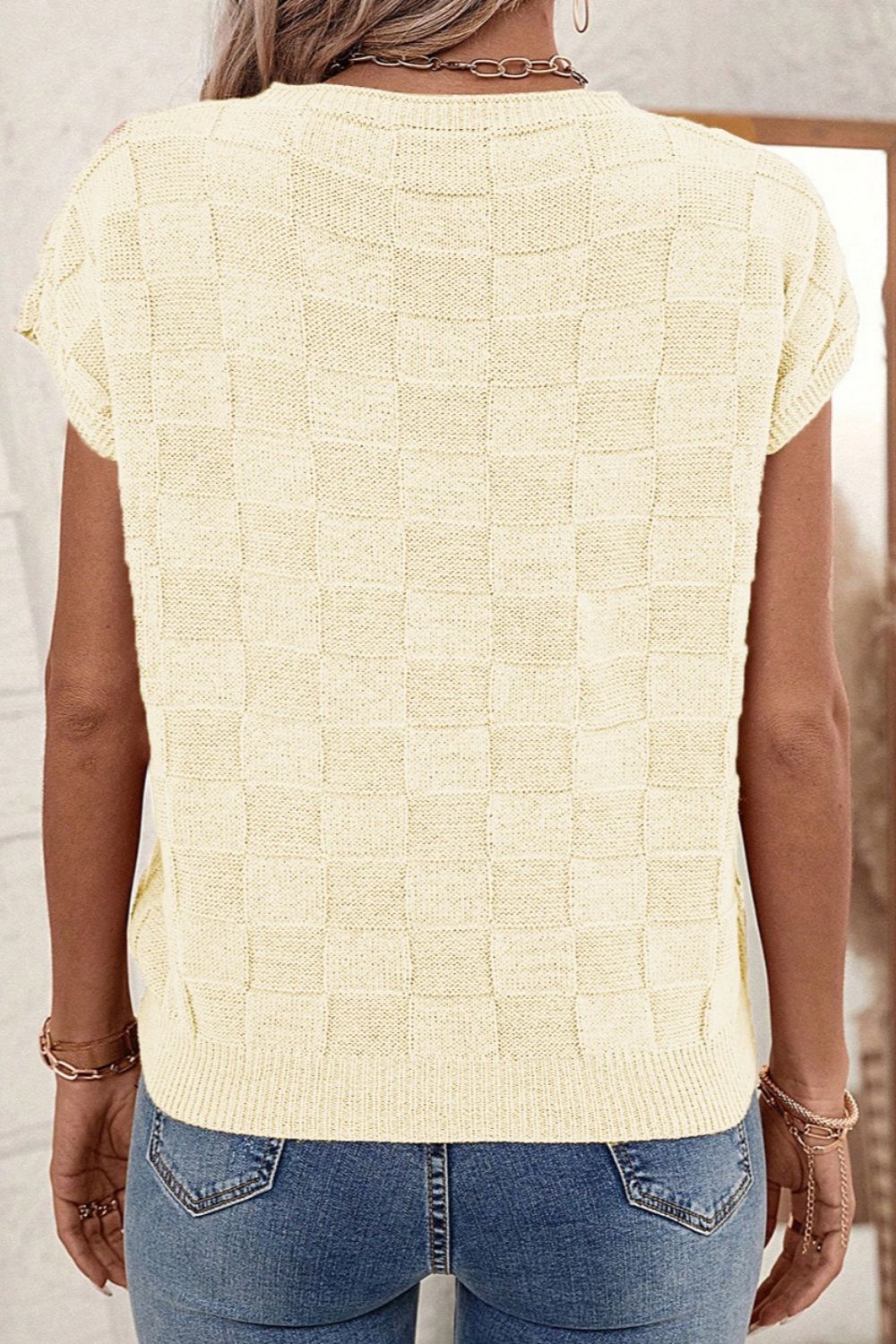 Pocketed Checkered Round Neck Knit Top - Charming Charlie