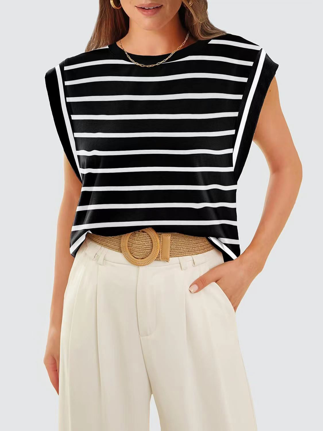 Striped Round Neck Cap Sleeve T-Shirt - Charming Charlie