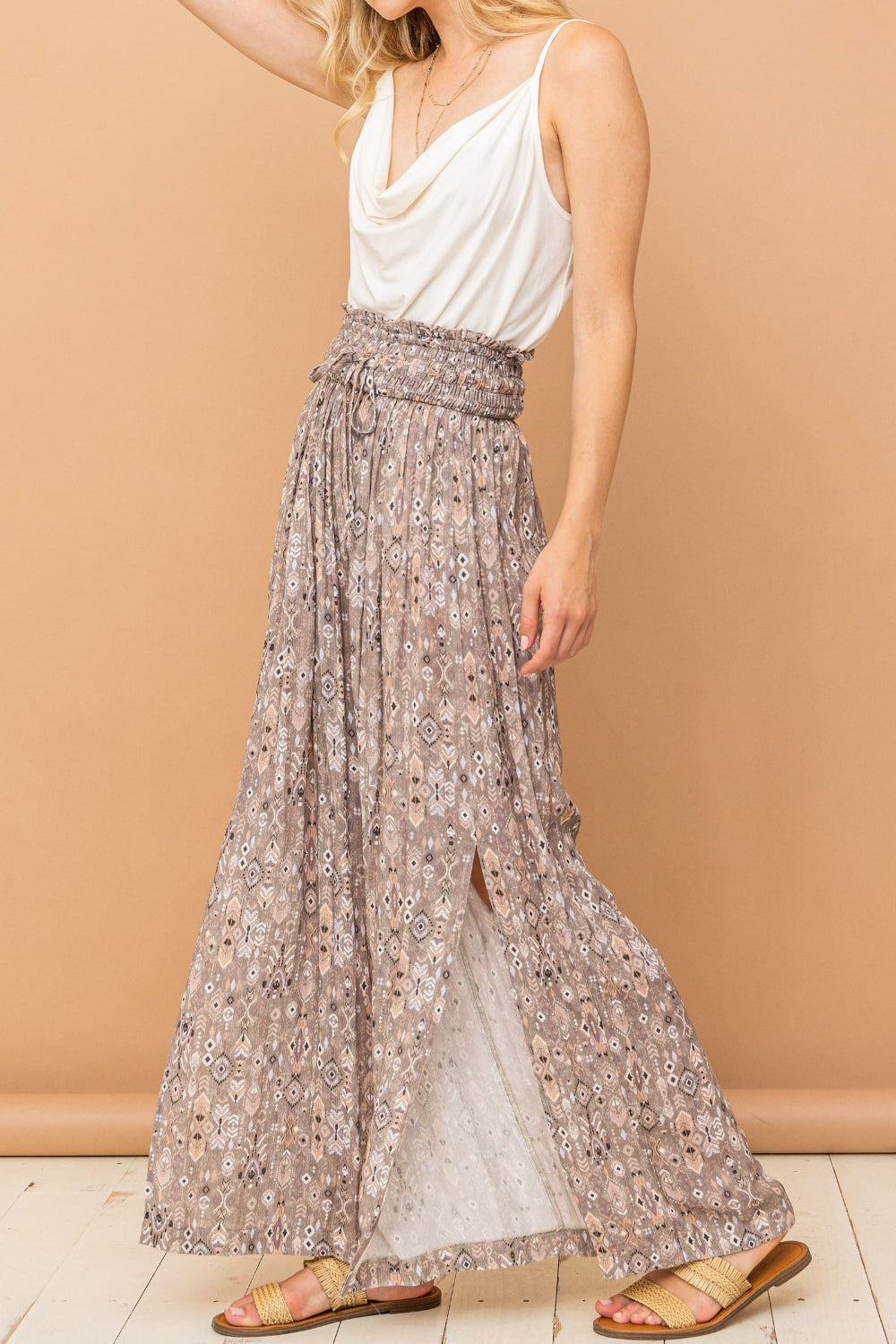 And The Why Printed Smocked Waist Slit Wide Leg Pants - Charming Charlie