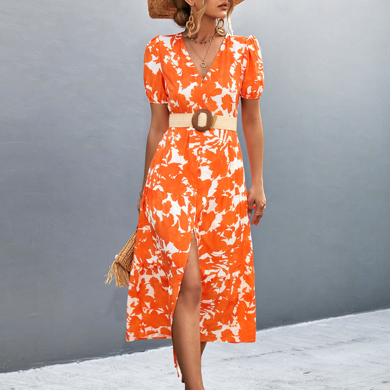 V-Neck Short Sleeve High Slit Midi Dress Strawberry / M V-Neck Short Sleeve High Slit Midi Dress Strawberry / M