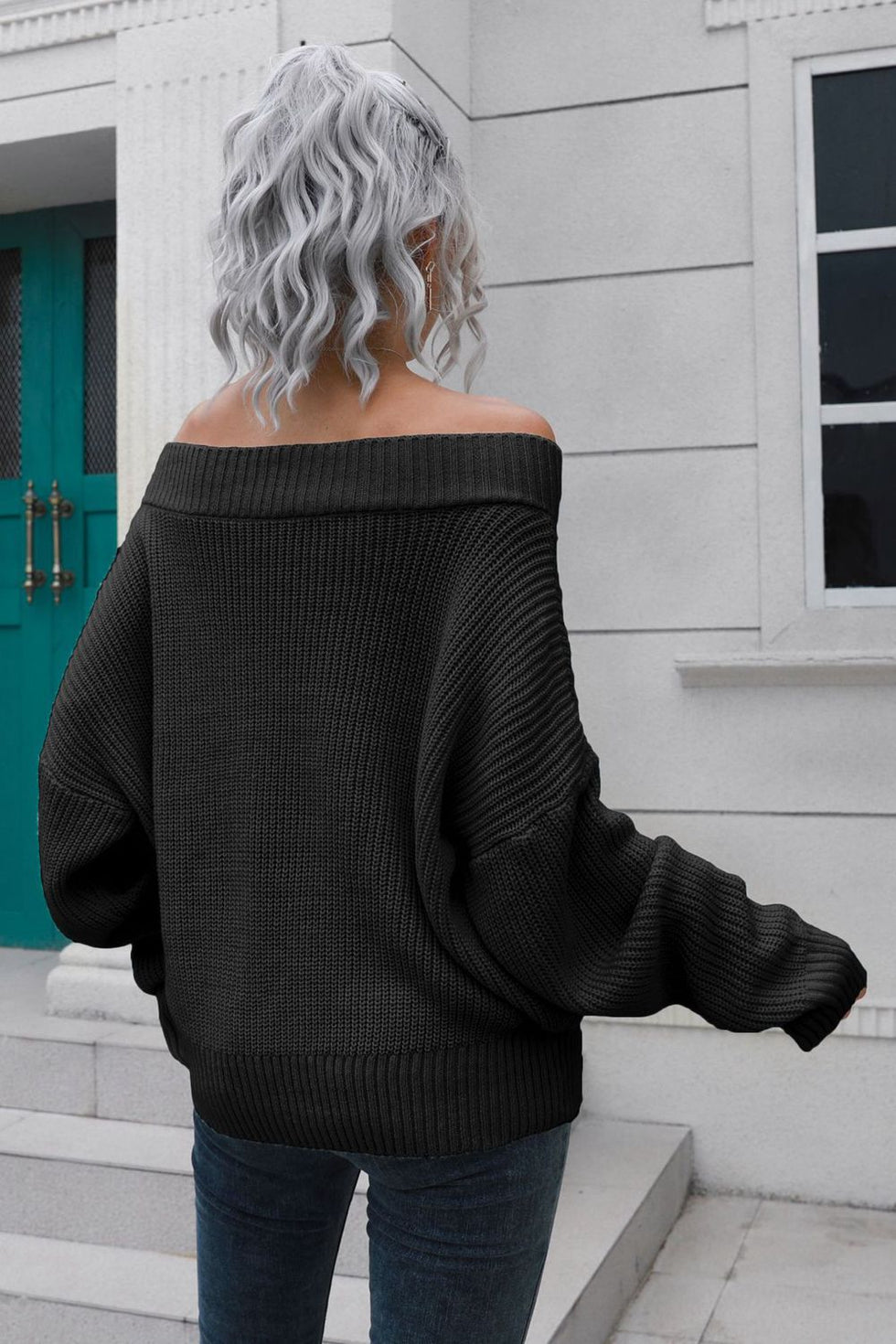 Off-Shoulder Ribbed Long Sleeve Sweater