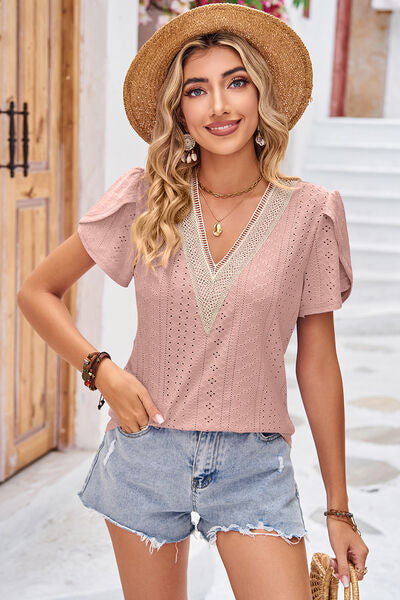 Eyelet V-Neck Petal Sleeve T-Shirt - Charming Charlie