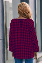 Plaid Tie Neck Balloon Sleeve Blouse - Charming Charlie