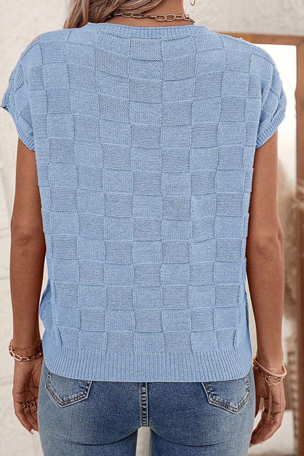 Pocketed Checkered Round Neck Knit Top - Charming Charlie