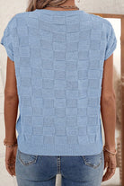 Pocketed Checkered Round Neck Knit Top - Charming Charlie