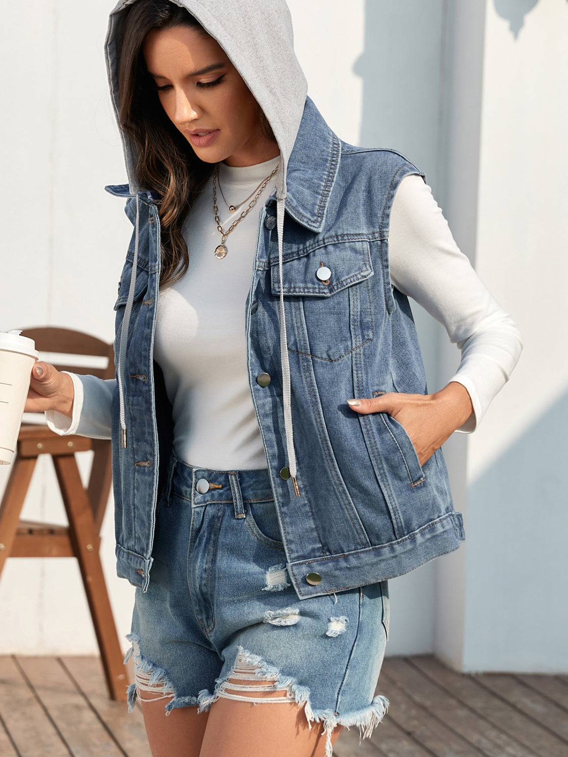 Pocketed Button Up Hooded Denim Jacket - Charming Charlie
