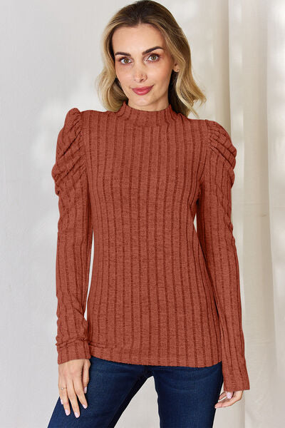 Basic Bae Full Size Ribbed Mock Neck Puff Sleeve T-Shirt - Charming Charlie