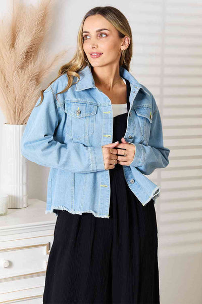 Double Take Dropped Shoulder Raw Hem Denim Jacket – Charming Charlie