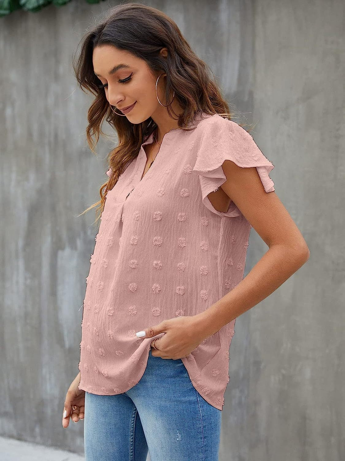 Swiss Dot Notched Cap Sleeve Blouse - Charming Charlie