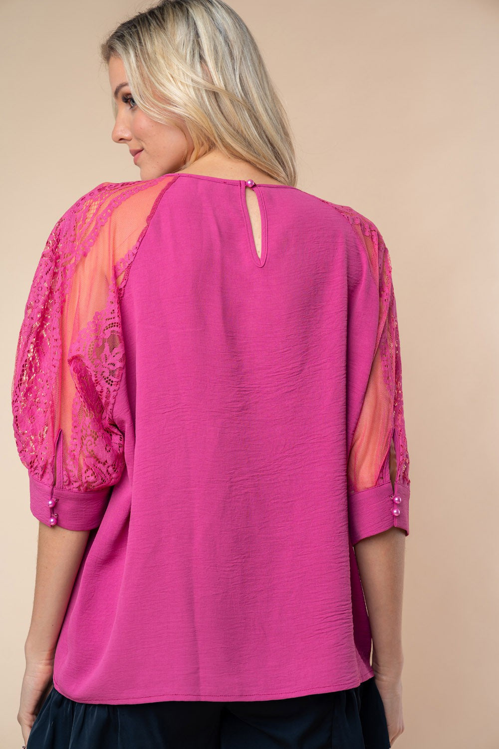 White Birch Round Neck Lace Half Sleeve Blouse - Charming Charlie
