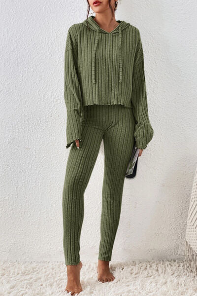 Lettuce Hem Dropped Shoulder Hooded Top and Pants Set - Charming Charlie
