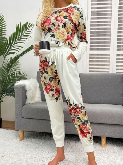 Printed Round Neck Top and Drawstring Pants Lounge Set - Charming Charlie
