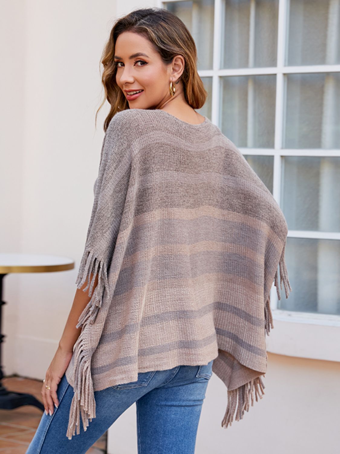 LONG V NECK PONCHO WITH FRINGING RUNAWAY READY main image 0