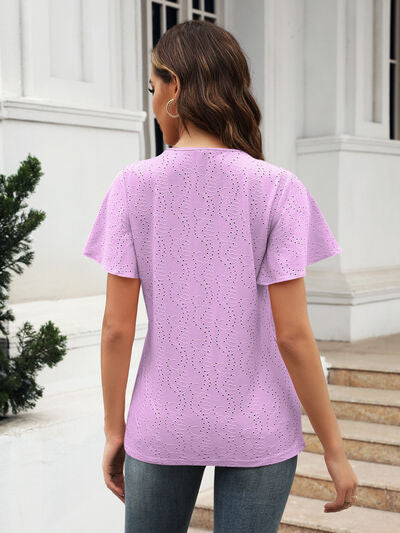 Eyelet V-Neck Short Sleeve Blouse - Charming Charlie