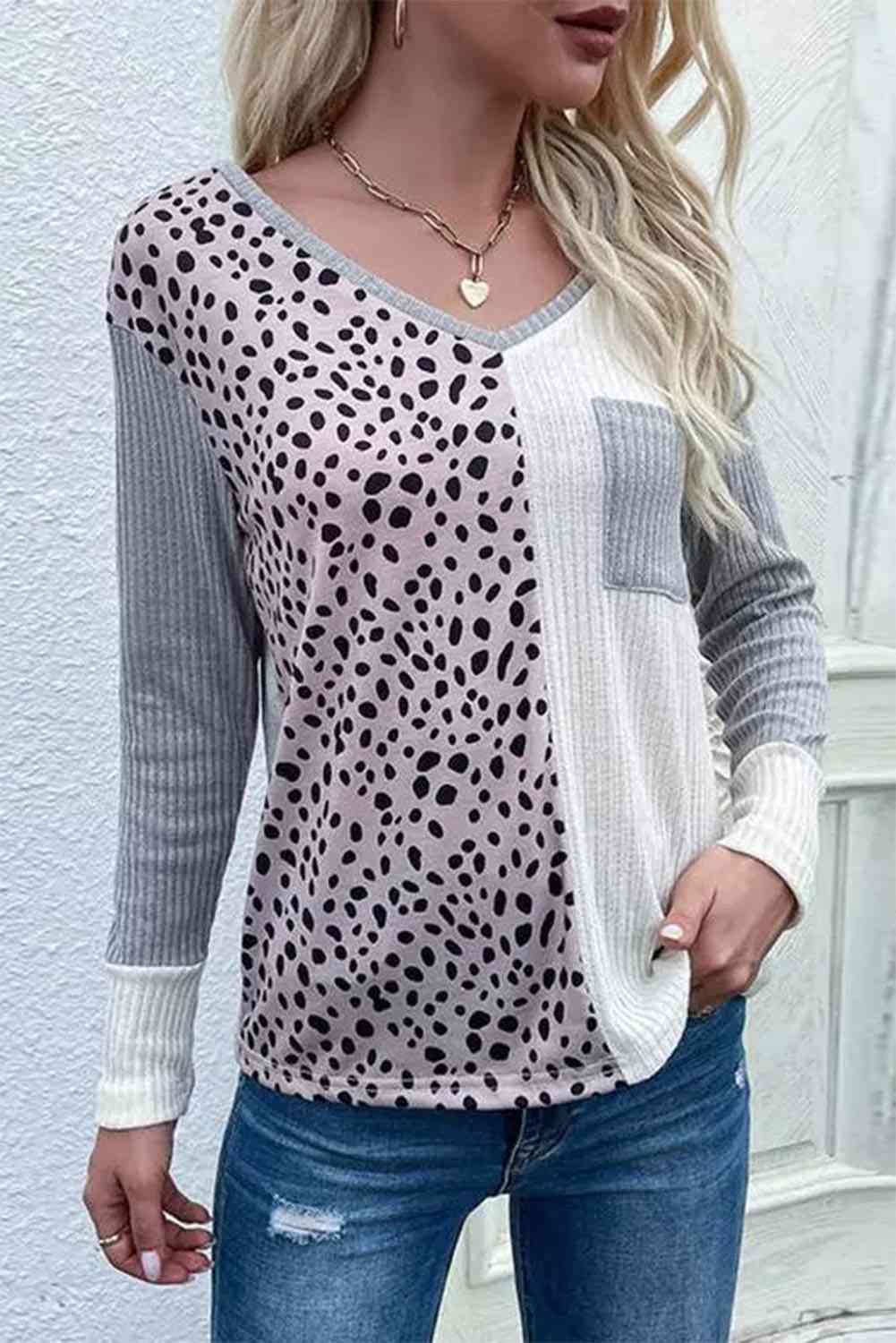 Color Block V-Neck Ribbed Top with Pocket - Charming Charlie