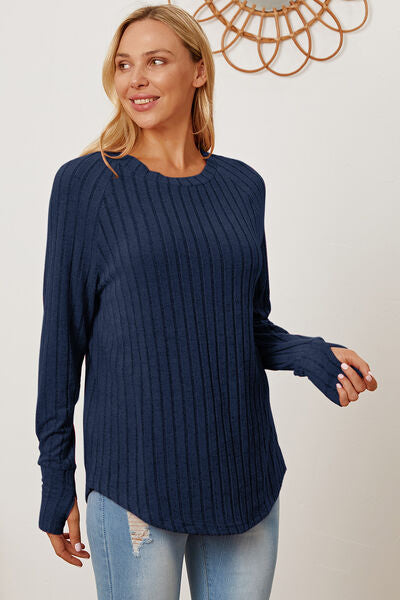 Basic Bae Full Size Ribbed Thumbhole Sleeve T-Shirt - Charming Charlie