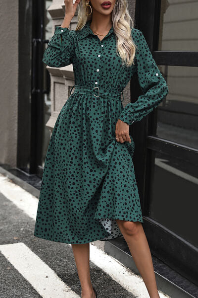 Polka Dot Tied Button Up Dress Green / L Polka Dot Tied Button Up Dress Green / L