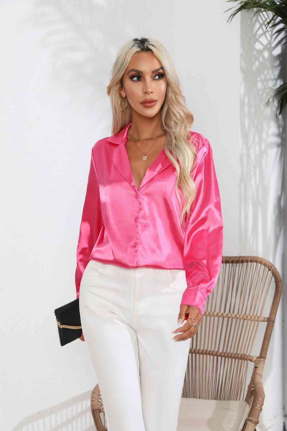 Lapel Collar Button Up Long Sleeve Shirt - Charming Charlie