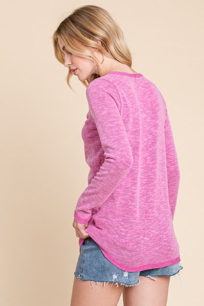 Reborn J Contrast Trim Half Button Long Sleeve T-Shirt - Charming Charlie