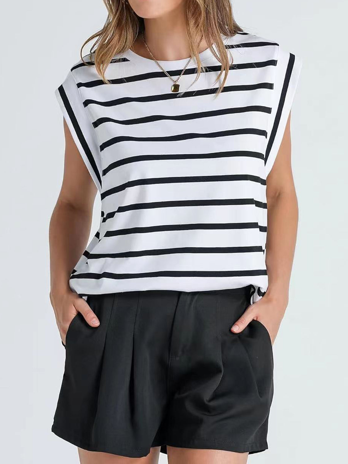 Striped Round Neck Cap Sleeve T-Shirt - Charming Charlie
