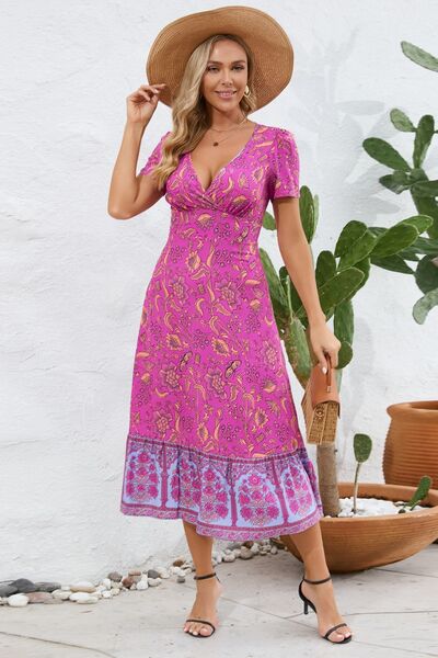 Printed Surplice Short Sleeve Dress - Charming Charlie