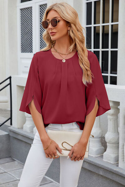Round Neck Slit Half Sleeve Top - Charming Charlie
