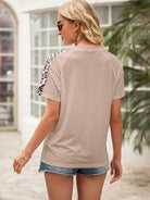 Pocketed Leopard Round Neck Short Sleeve T-Shirt - Charming Charlie