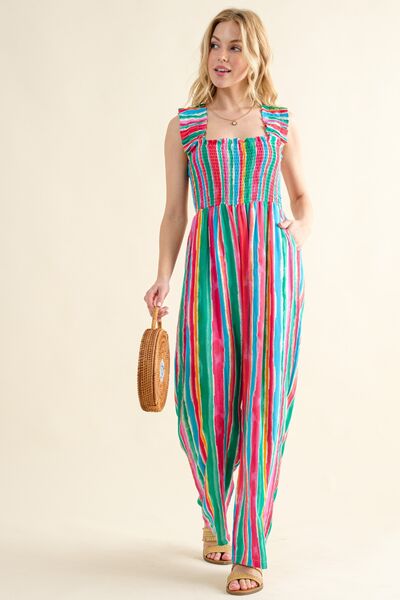 And The Why Full Size Striped Smocked Sleeveless Jumpsuit - Charming Charlie