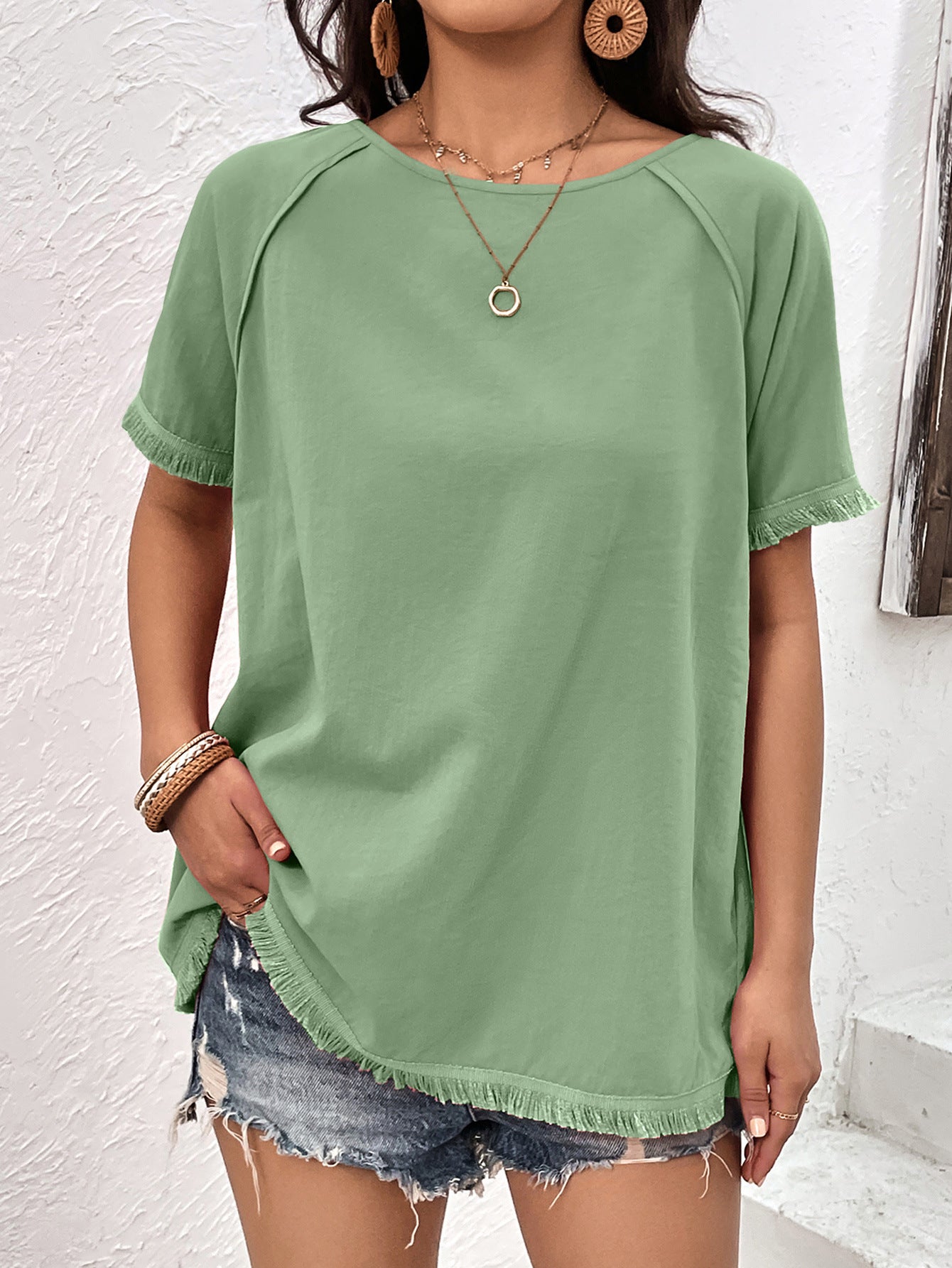 Round Neck Raglan Sleeve Fringe Detail Top - Charming Charlie