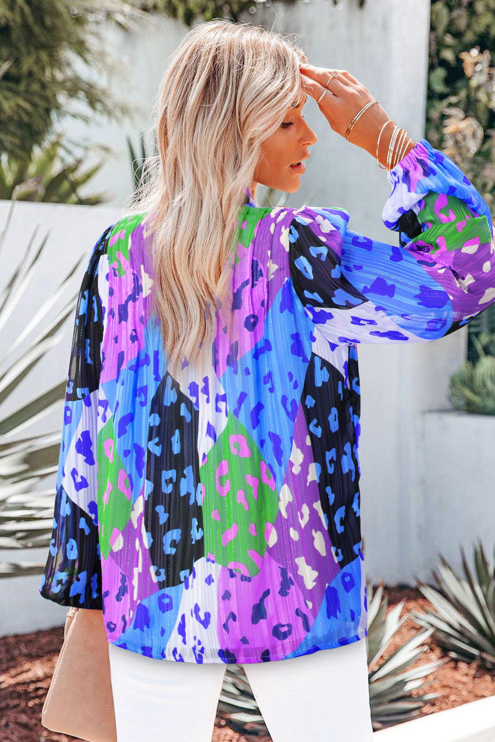 Printed Notched Long Sleeve Blouse - Charming Charlie