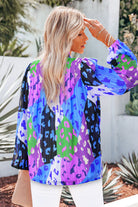 Printed Notched Long Sleeve Blouse - Charming Charlie